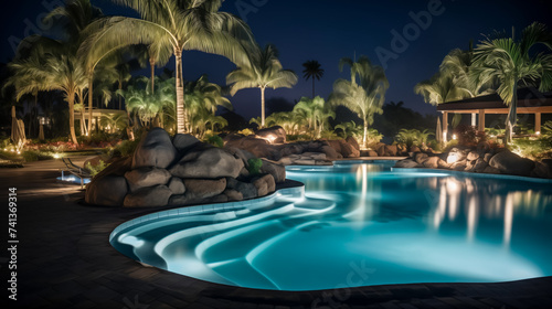 Tranquil resort poolside with lush palm trees at night