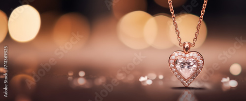 Elegant rose gold heart necklace with diamond on bokeh background