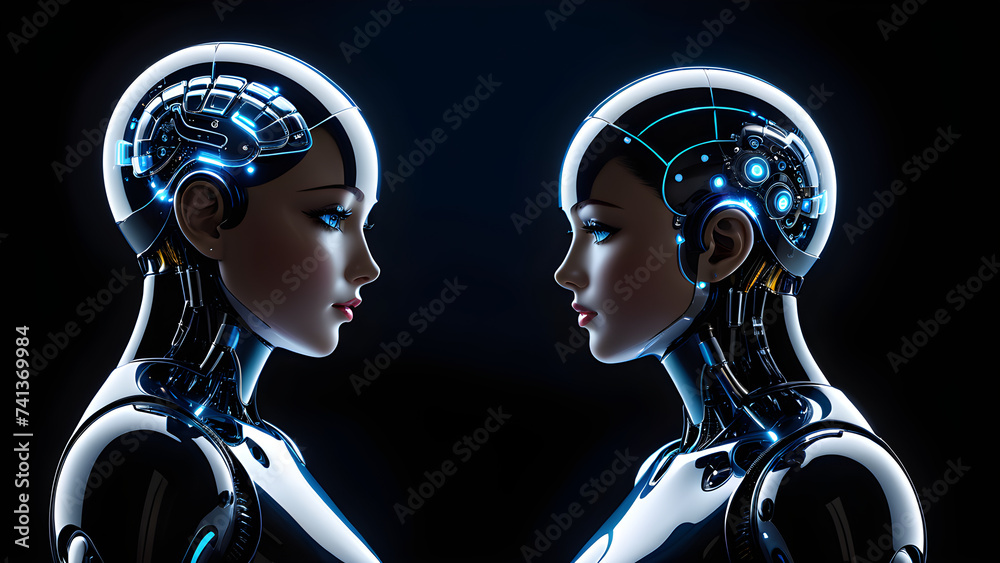 illustration image, there is a depiction of robotics or AI (artificial intelligence) engaging in connecting interaction with humans through chat. illustration image, there is a depiction of robotics or AI (artificial intelligence) engaging in connecting interaction with humans through chat.