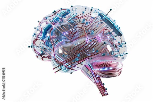 AI Brain Chip nanolaser. Artificial Intelligence neon purple mind pay as you go axon. Semiconductor neurogenesis circuit board decision tree photo