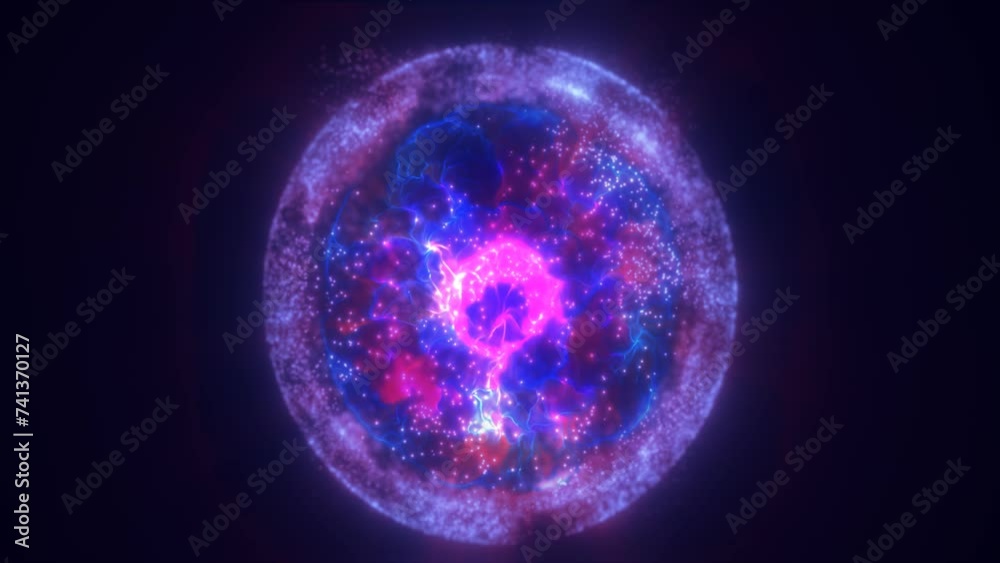 Purple energy magic circle, sphere, ball made of futuristic waves and lines of particles of atomic energy and electricity force field. Abstract background. Video in high quality 4k, motion design
