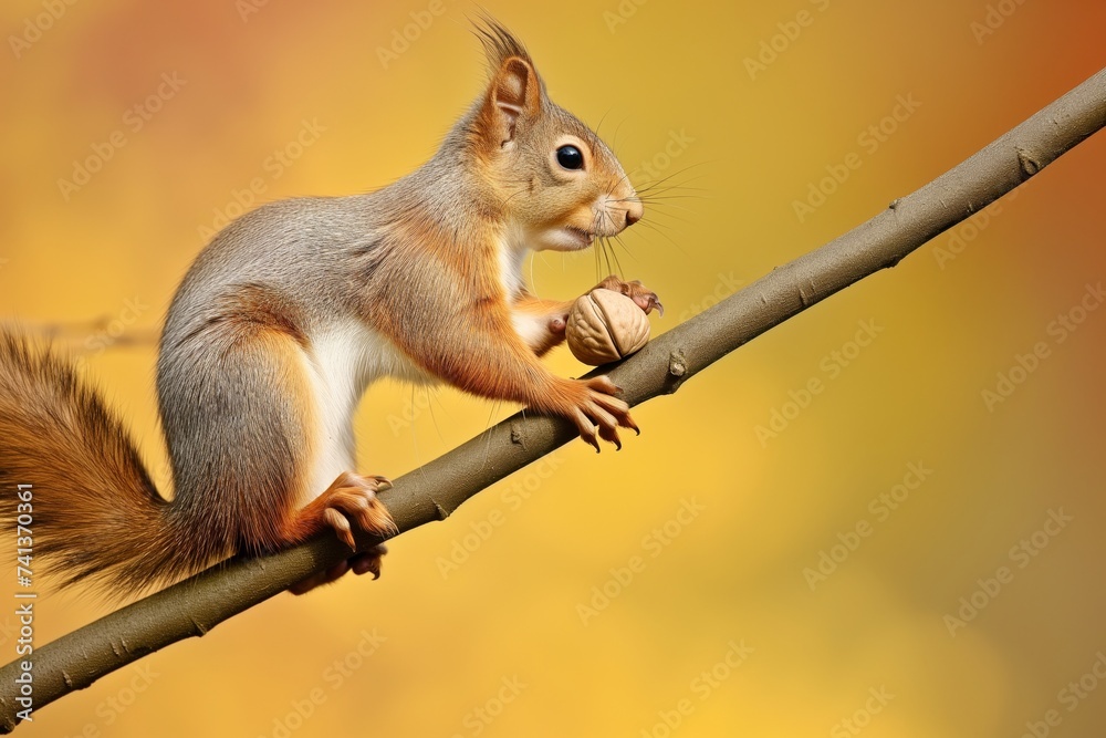 Obraz premium squirrel dangling from branch with walnut
