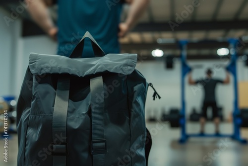sports bag in foreground with blurred person lifting weights behind
