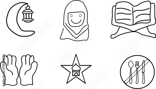 sketch presentation of ramadhan icon set in black and white drawing 