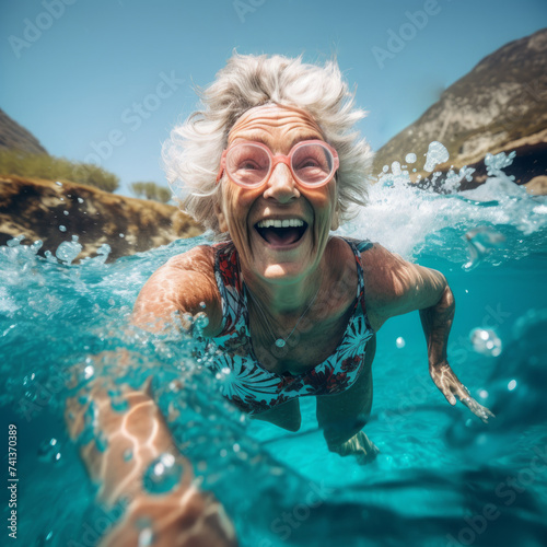Seaside Bliss: Happy Mature Senior Woman Embracing the Waves with a Radiant Smile