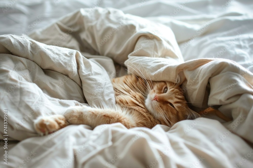 Feline Dreamland: Cat Blissfully Asleep on Bed - Tranquil Nap, Cozy Comfort, and Whiskered Serenity in a Perfectly Relaxed Moment of Furry Contentment Feline Dreamland: Cat Blissfully Asleep on Bed - Tranquil Nap, Cozy Comfort, and Whiskered Serenity in a Perfectly Relaxed Moment of Furry Contentment