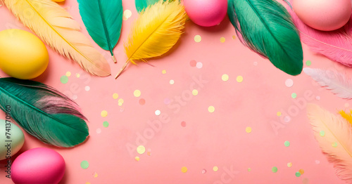 beautiful easter background with feathers. Selective focus.