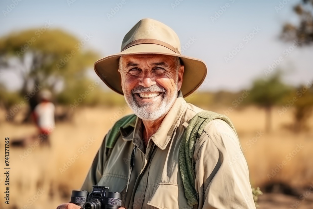 Senior man with binoculars in the african savannah.