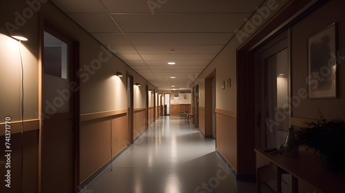 Using a wide-angle lens to enhance the spaciousness and tranquility of a hospital corridor and reception area, enveloped in serene tones and soft lighting during the quiet moments of the early morning