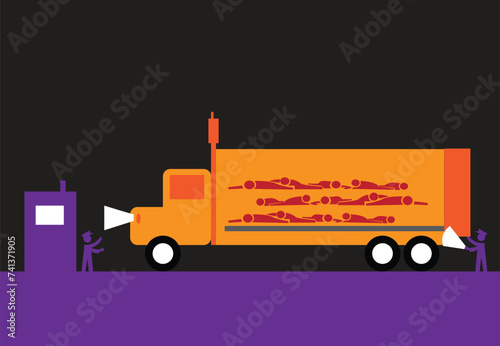 Human Smuggling using refrigerated trucks concept. Dead Migrants. Editable Clip Art.