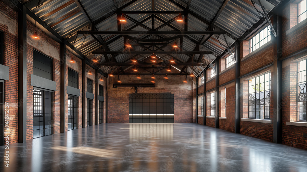 A vast empty old warehouse interior in industrial loft style, with weathered brick walls, a sturdy concrete floor.