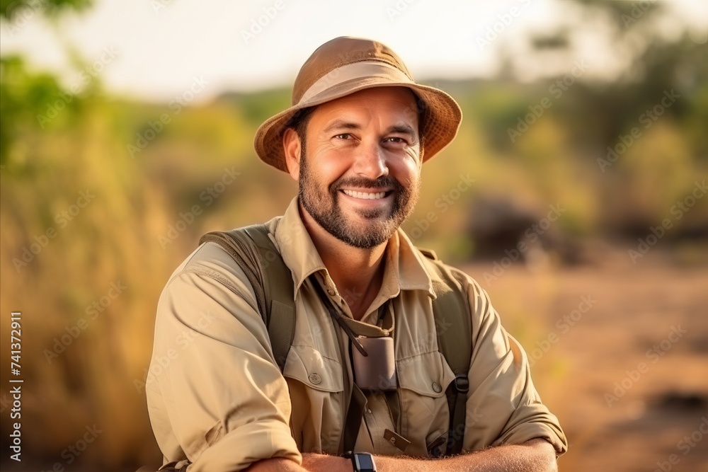 Portrait of a happy safari hunter smiling at the camera while standing in the field