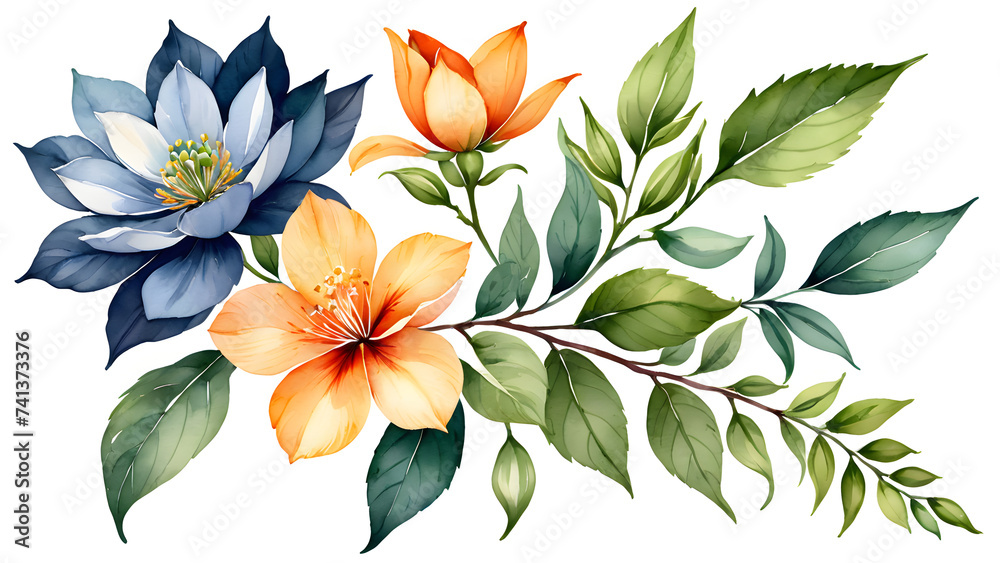watercolor illustration image, there are delicate flowers, floral illustrations, leaves, and buds forming a botanic composition suitable for wedding cards, bouquets, decorations, invitations.