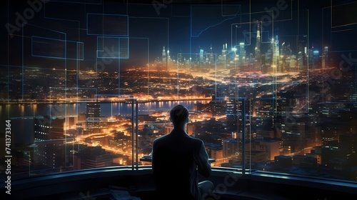 A person studying stock market analytics on a transparent digital interface overlaying a panoramic cityscape at night.