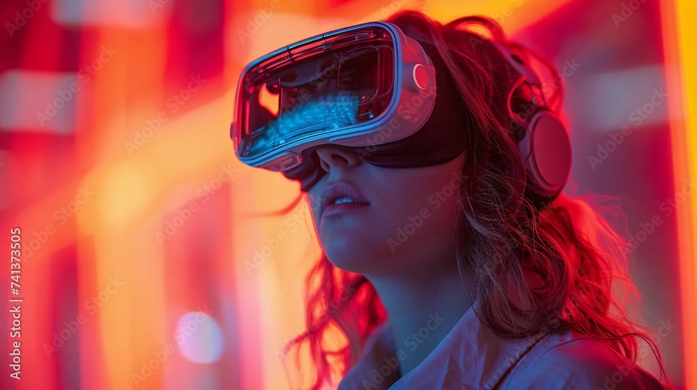 Young girl in vr goggles, cyberspace, pink virtual world