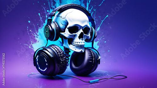 watercolor skull skeleton dj headphones in Halloween party playing to music Halloween day dj with headphones