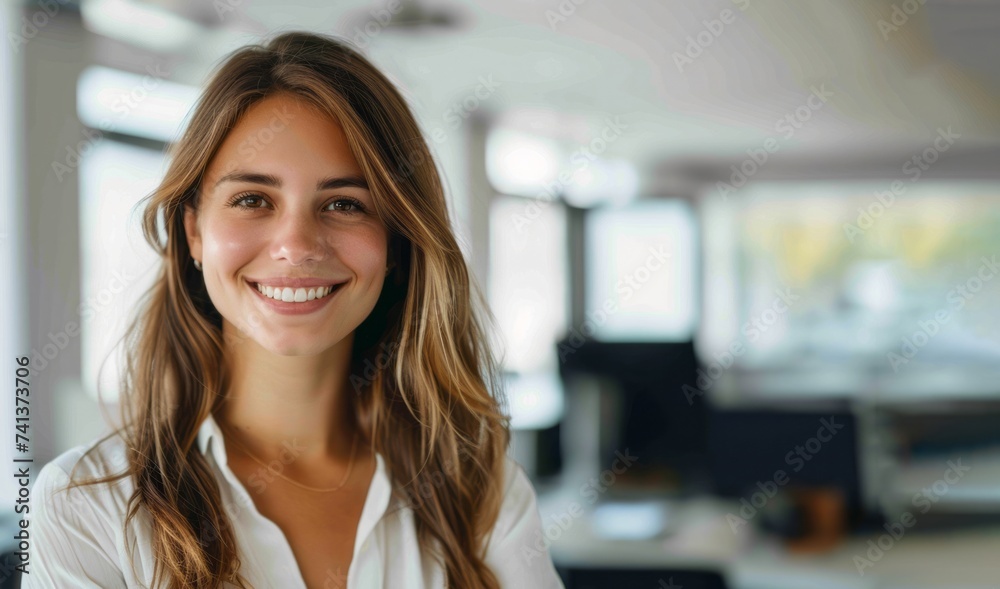 Head shot of young woman in office smiling