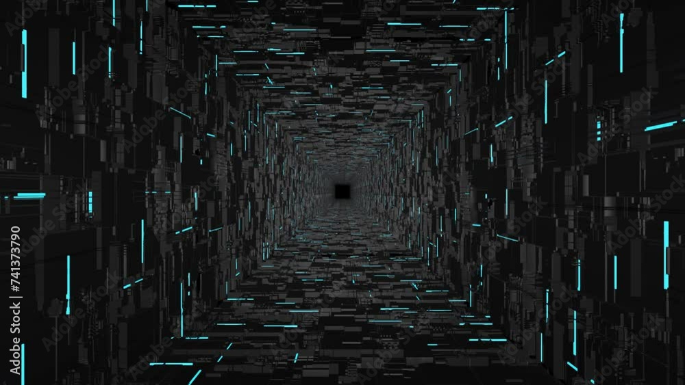 Abstract animation of flying through a futuristic sci fi corridor with glowing blue neon elements in the dark. Modern technology and computer science background. 3D render , 4k video , 60 fps