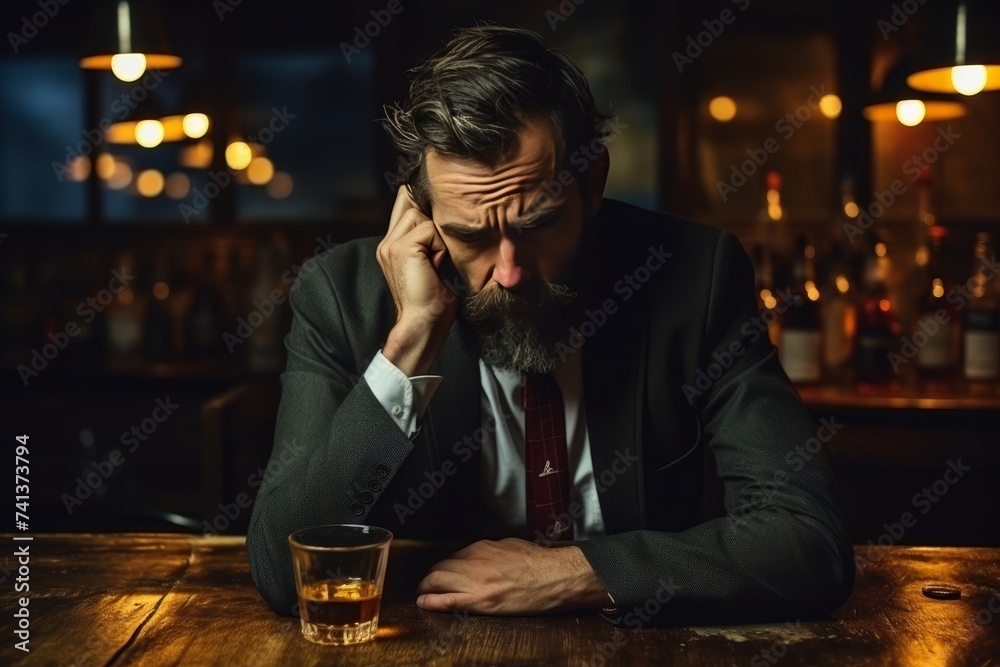 Sad man with problems drinking whiskey, lost in thoughts of despair and drowning sorrows in alcohol