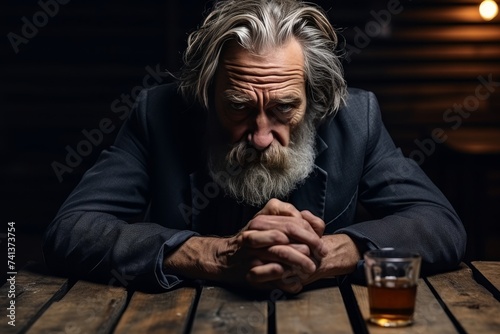 Depressed man with problems drowning sorrows in whiskey, deep in thought and contemplating