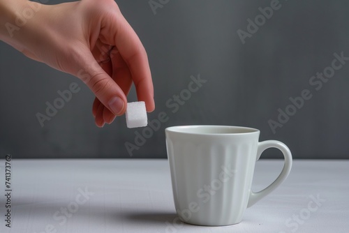 hand placing one cube of sugar next to a white cup