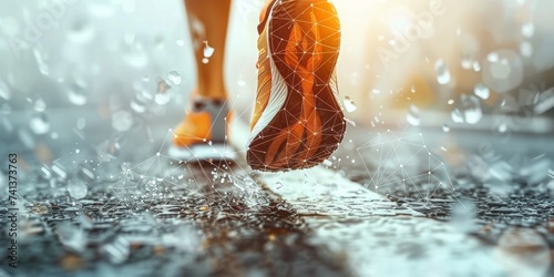 A Runners Sneakers Striking a Wet Pavement, Capturing the Essence of Speed and the Power of Persistence, Generative AI