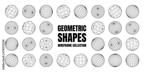 Wireframe shapes, lined sphere. Perspective mesh, 3d grid. Low poly geometric elements. Retro futuristic design elements, y2k, vaporwave and synthwave style. Vector illustration
