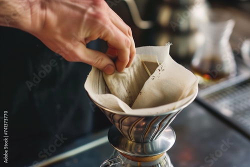 person spreading a cloth filter onto a pourover stand photo