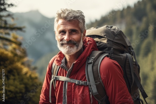 Portrait of senior man with backpack hiking in the mountains. Active senior man hiking in the mountains.