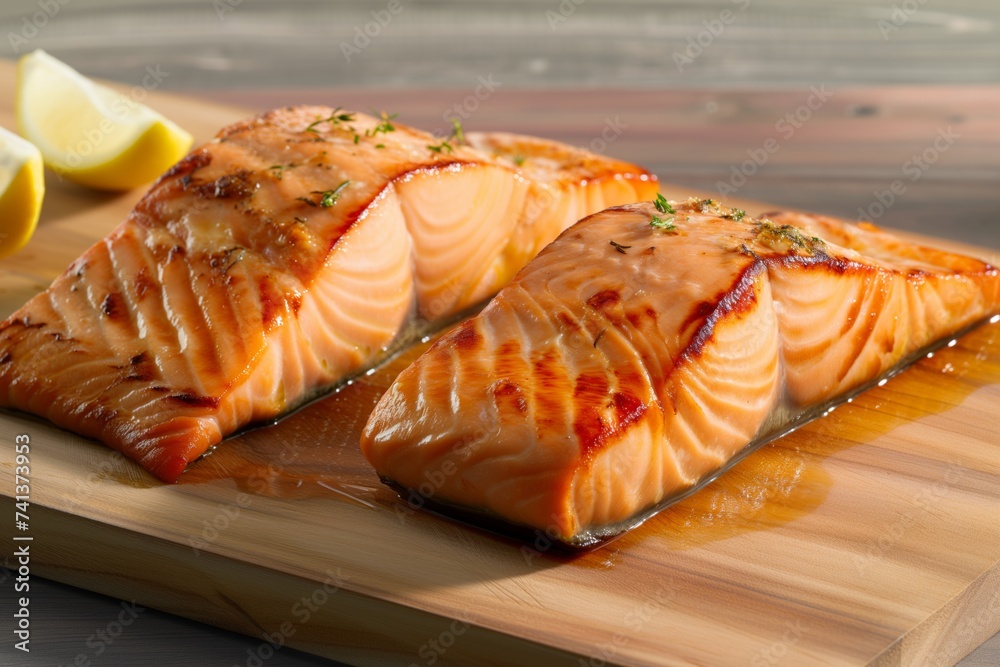 evenly cooked sousvide salmon presented on cutting board evenly cooked sousvide salmon presented on cutting board