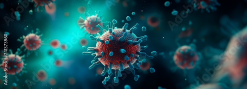 Vivid 3D illustration of a coronavirus particle, highlighted by teal and blue tones, symbolizing the ongoing pandemic. © stateronz
