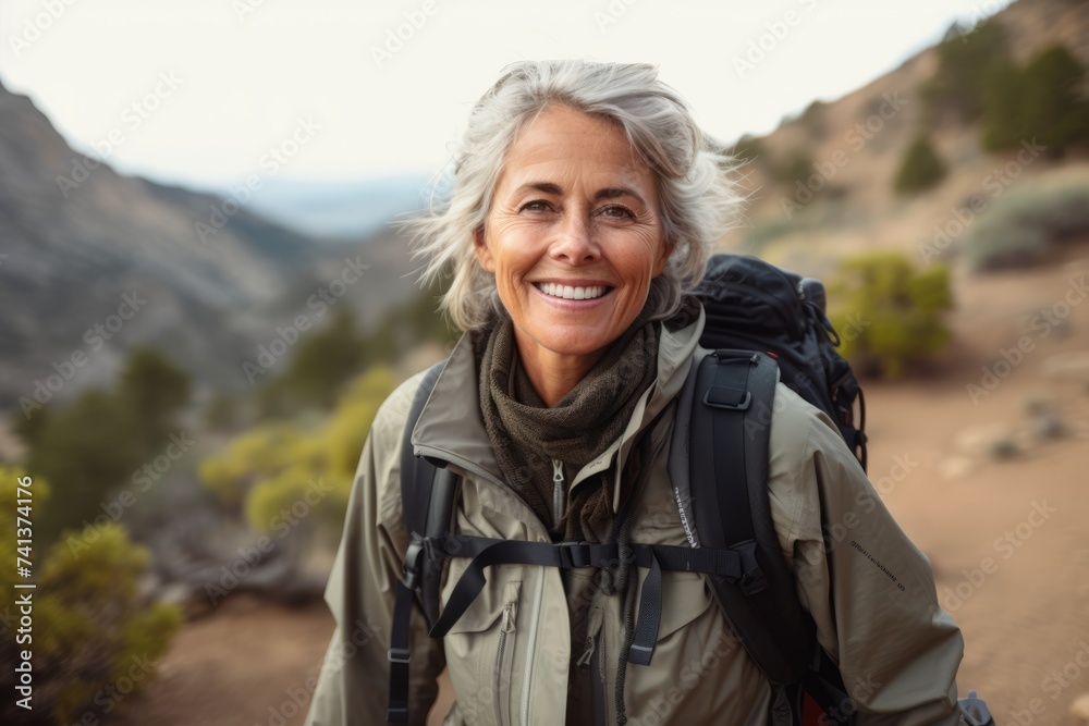 Portrait of smiling senior woman hiker looking at camera in mountains