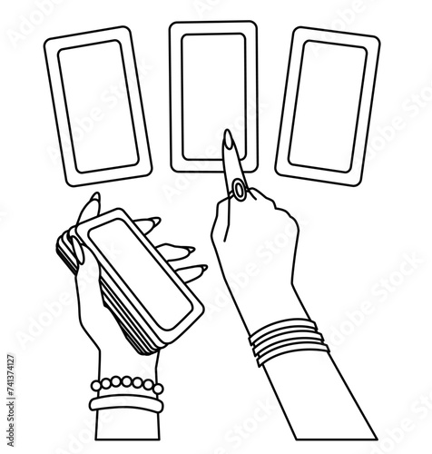 Divination reading, Tarot spread, predicting the future. Line art vector esoteric illustration