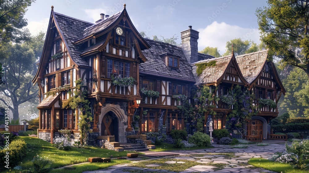 A charming timber-framed building with steeply pitched roofs, leaded glass windows, and decorative half-timbering, evoking the charm of Tudor-era architecture