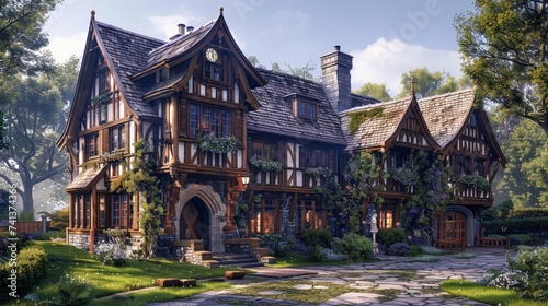 A charming timber-framed building with steeply pitched roofs, leaded glass windows, and decorative half-timbering, evoking the charm of Tudor-era architecture