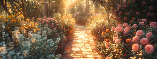 a pathway of potted flowers with sunlight shining on them