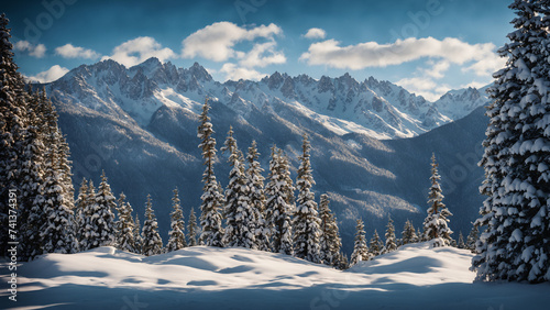 Mountains Landscape Pine Trees Snowy Sunny Day  © Meanapples