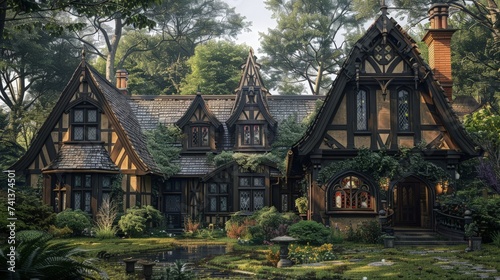 A charming timber-framed building with steeply pitched roofs, leaded glass windows, and decorative half-timbering, evoking the charm of Tudor-era architecture © arhendrix