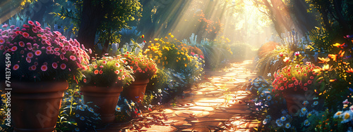 a pathway of potted flowers with sunlight shining on them © Possibility Pages