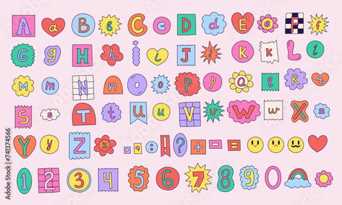 Vector set of colorful ransom note letters. Hand drawn doodle alphabet in 90s style. Cute font for collage, scrapbook design. Y2k funky stickers photo