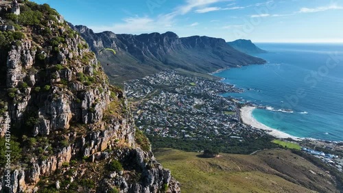 Aerial view of Table Mountain and Cape Town coastline, Western Cape, South Africa. photo