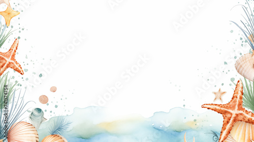 Watercolor Ocean Elements with Starfish and Shells Illustration