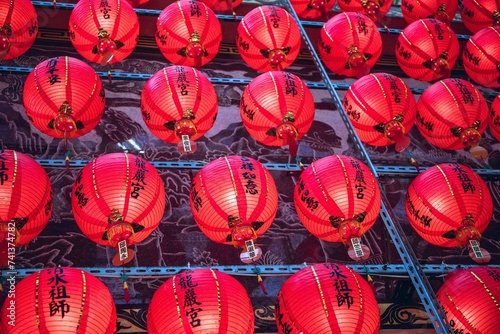 Riufang  Taiwan  13 february 2024. Rows of chinese red lanterns inside the city temple. Religion symbol.