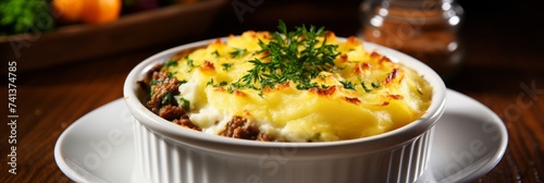 Delicious shepherds pie classic savory dish with minced meat and mashed potatoes photo