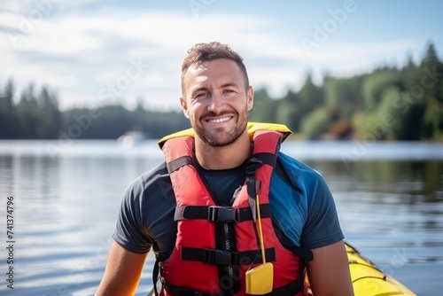 Portrait of a smiling man in a life jacket rafting on a lake © Nerea