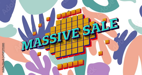 Image of retro massive sale text on yellow squares with pastel coloured leaves on white