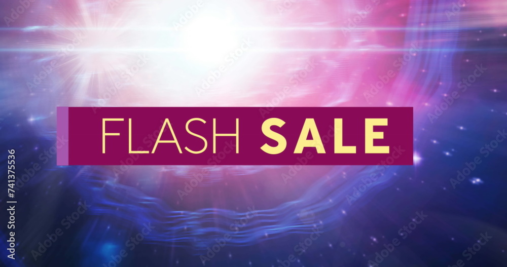 Image of flash sale text over purple banner on glowing pink to purple background Image of flash sale text over purple banner on glowing pink to purple background