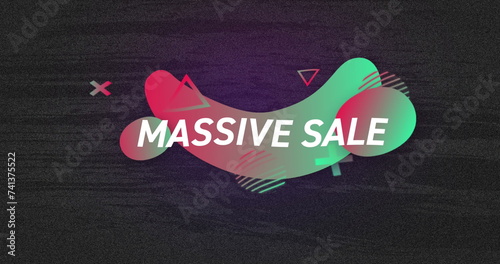 Image of massive sale text in white over green to red shapes on grey flickering background