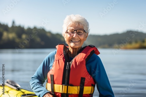 Happy senior woman in life jacket and glasses smiling at camera while standing on kayak © Nerea