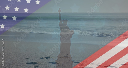 Image of american flag revealing statue of liberty and sea with beach